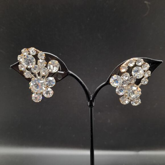Vintage Made Austria Clear Rhinestone Clip Earrings, 1 1/4" - Picture 2 of 9